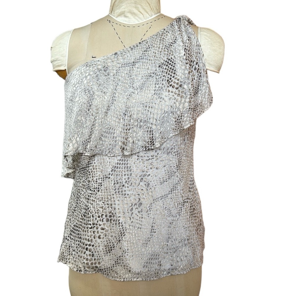White House Black Market Silk Blend Velvet One Shoulder Blouse in Shell White 10